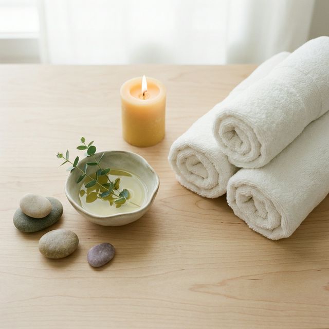 Ambient relaxant de salon de masaj cu prosoape, lumânări și pietre